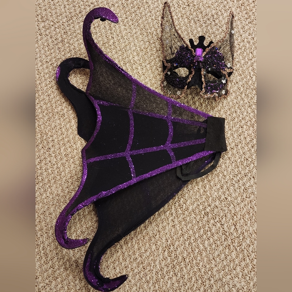 Purple Black Adult Costume Set, Beaded Lace Mask, Glitter Webbed Wings NEW!